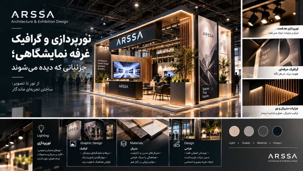 نورپردازی و گرافیک حرفه‌ای غرفه نمایشگاهی برای جذب مخاطب