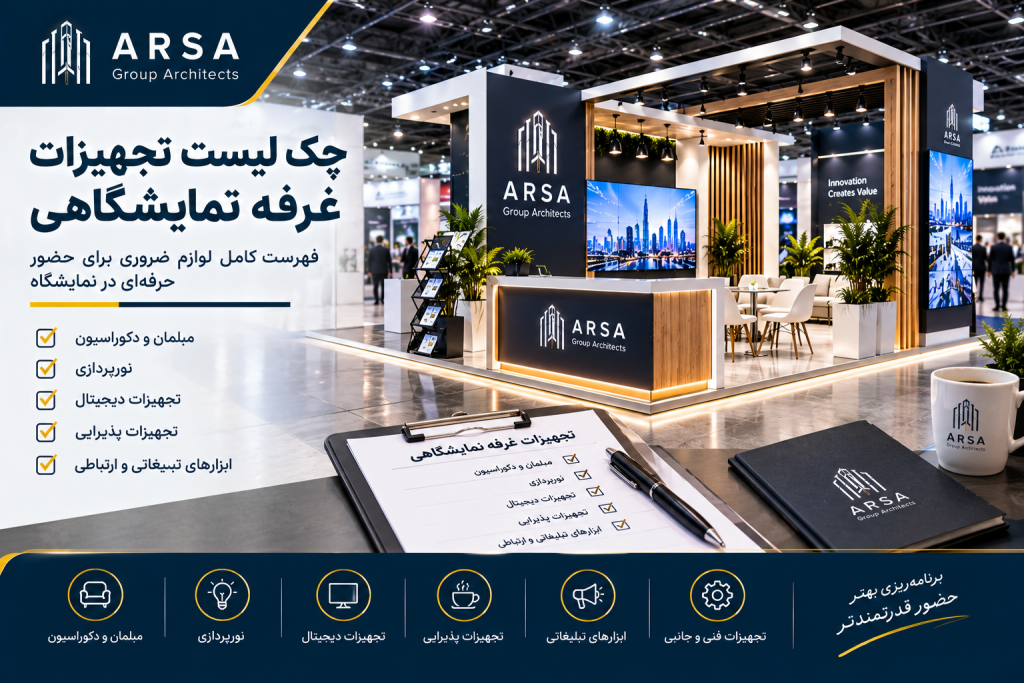 چک لیست تجهیزات غرفه نمایشگاهی شامل مبلمان، نورپردازی و تجهیزات دیجیتال